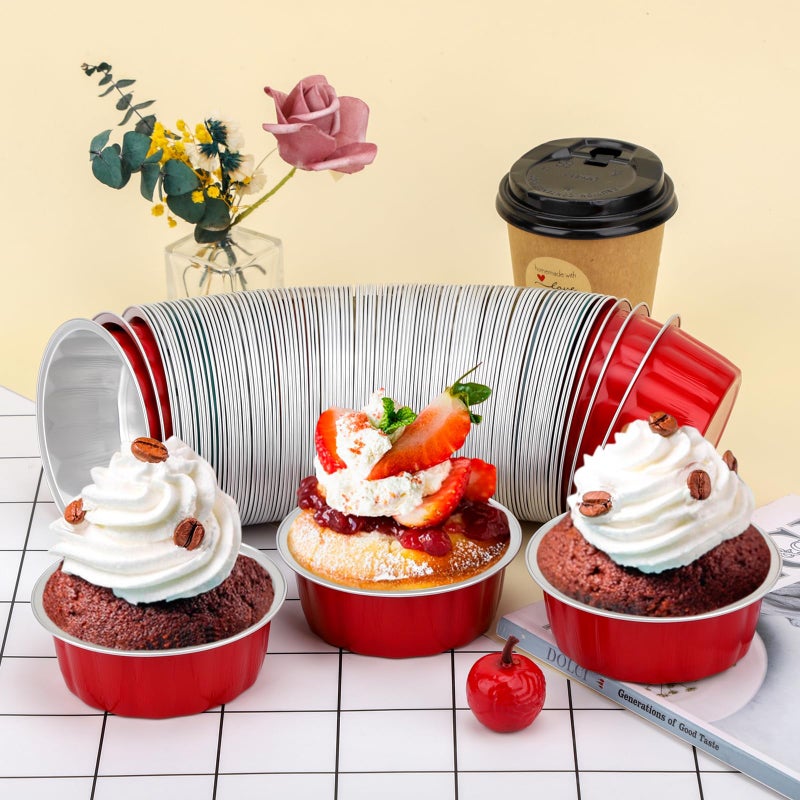 Beasea Disposable Aluminum Foil Cups 100 Pack, 8 oz 235ml 3.9" Bake Ramekin Cup Muffin Cupcake Baking Cup Mini Pudding Cups for Party Wedding Birthday - Red - Image 5